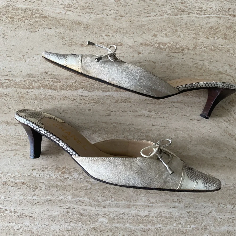CHANEL Beige and White Mules with Bow Detail